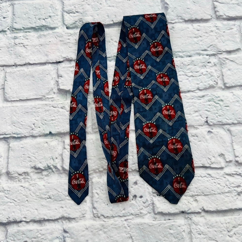 Coca-Cola Mens Silk Necktie Blue Always Coca-Cola Bottle Logo Geometric Print